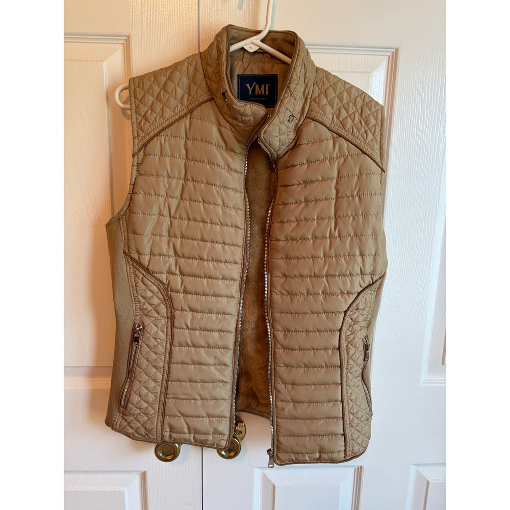 YMI Collection Tan Quilted Puffer Vest Faux Fur Lined Ribbed Sides Women Large